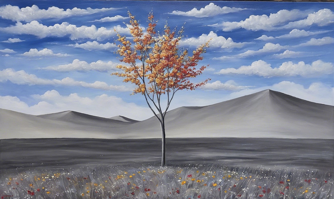 Vibrant Autumn Tree in Muted Landscape with Wildflowers