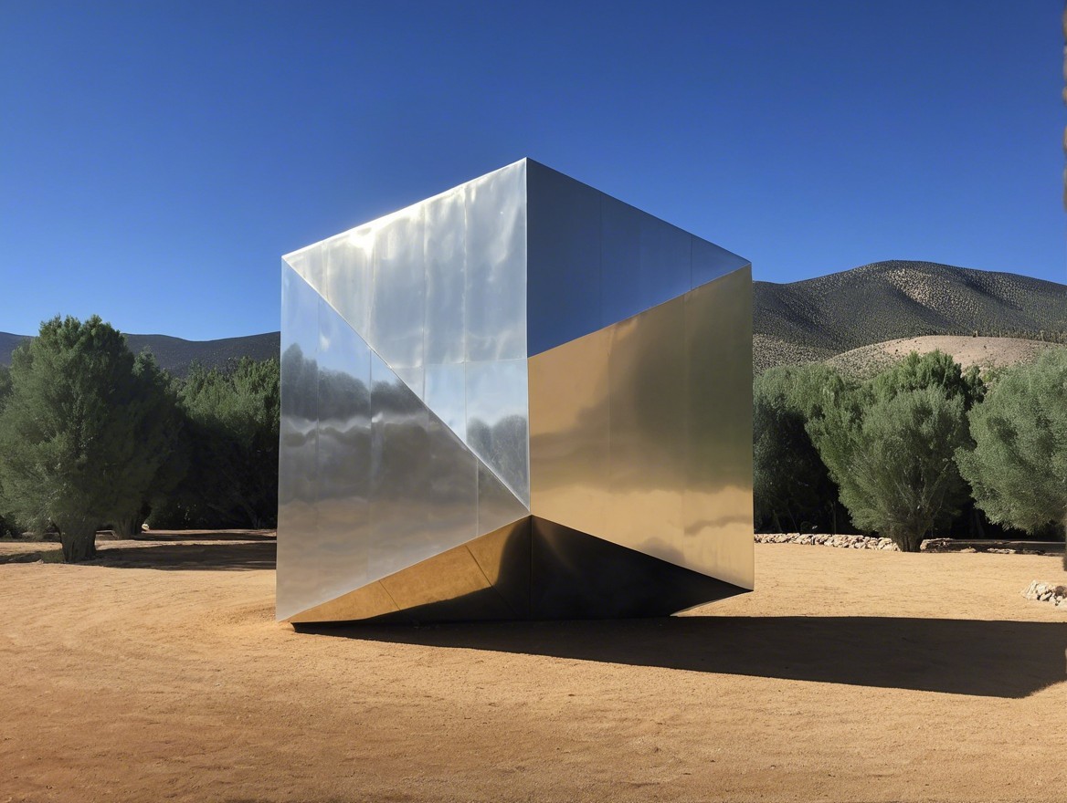 Reflective Metallic Cube in Sandy Desert Landscape