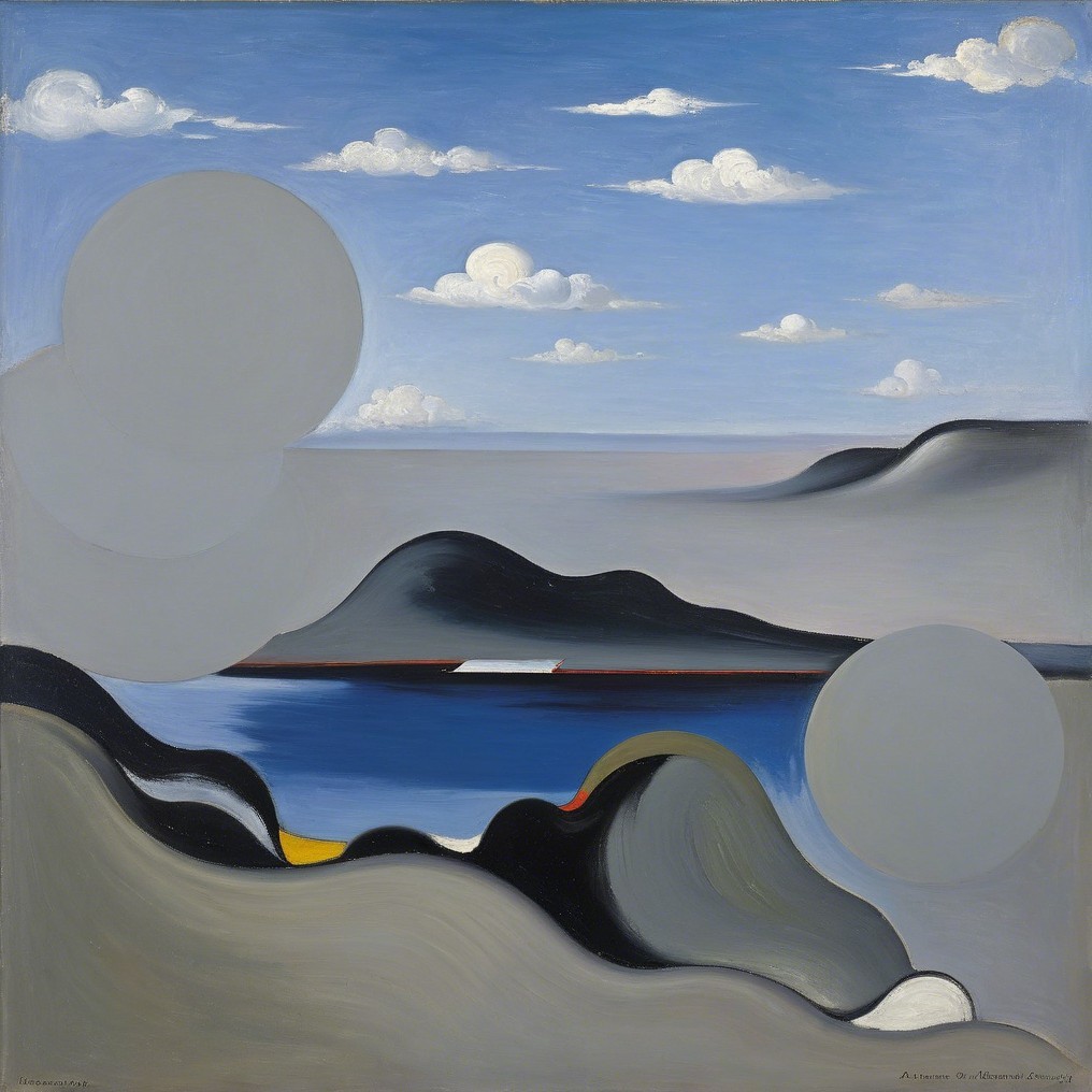 Serene Landscape with Abstract Shapes and Seascape