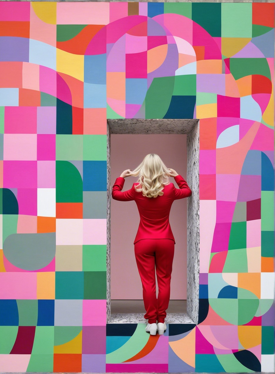 Blonde Woman in Red Pantsuit Against Pink Wall