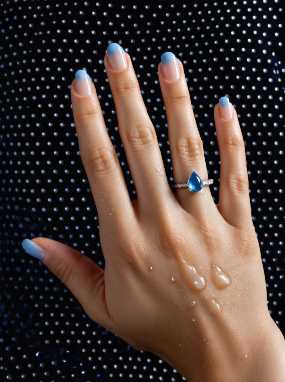 Manicured Hand with Blue-Tipped Nails and Ring