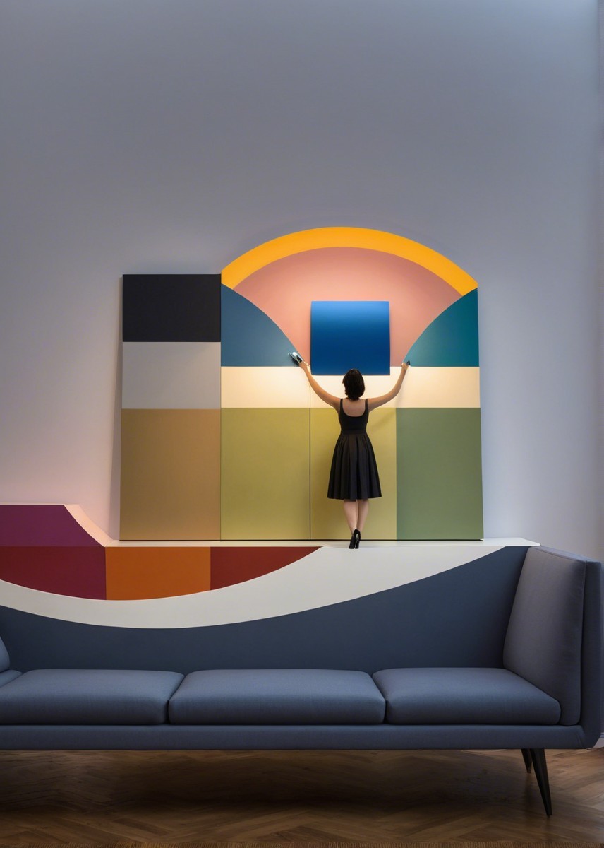 Woman Adjusts Blue Panel by Colorful Geometric Wall