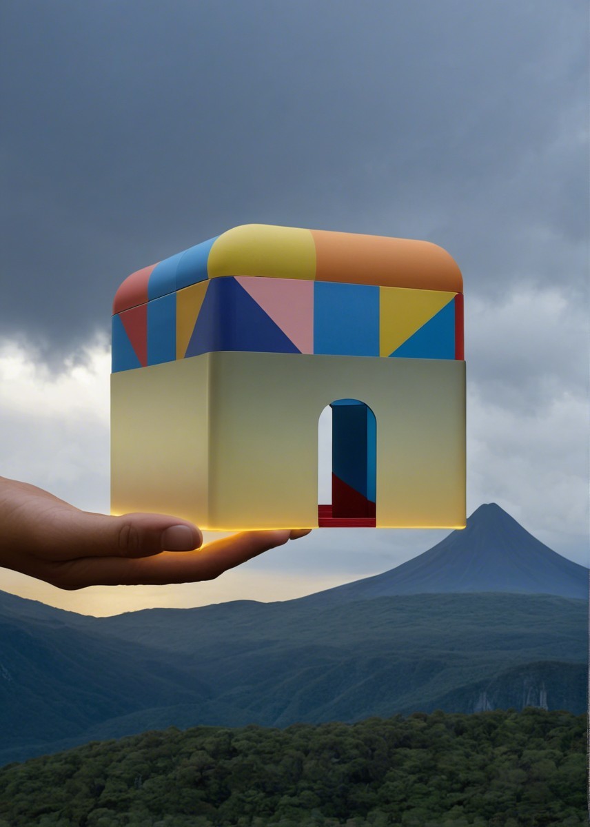 Colorful House Sculpture Against Mountainous Backdrop