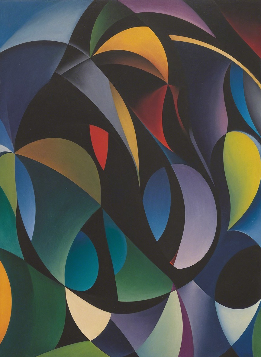 Vibrant Abstract Painting with Curved Shapes and Colors