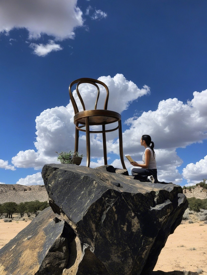 Young Woman in Desert with Oversized Wooden Chair