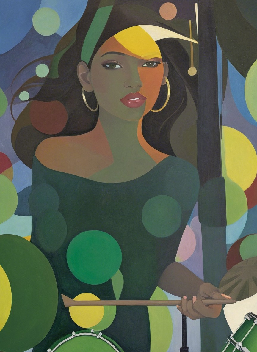 Young Woman in Dark Green Outfit with Drumstick
