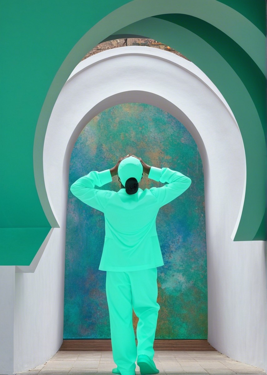 Vibrant Mint-Green Attire Against Colorful Archway
