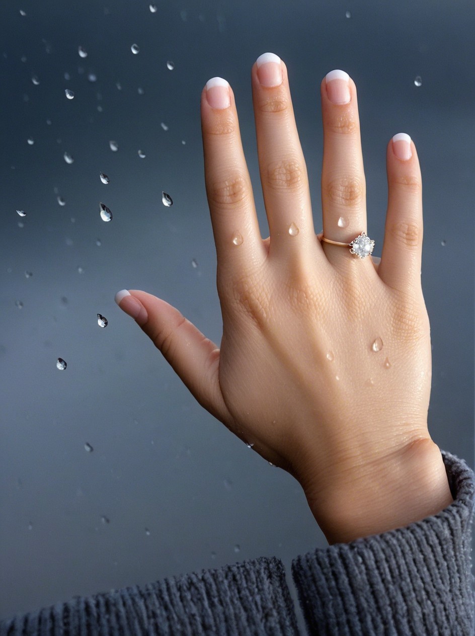 Close-up of a woman's hand on a rainy window