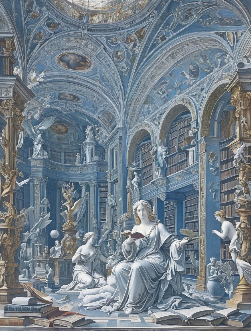 Detailed Library with Bookshelves and Sculptures