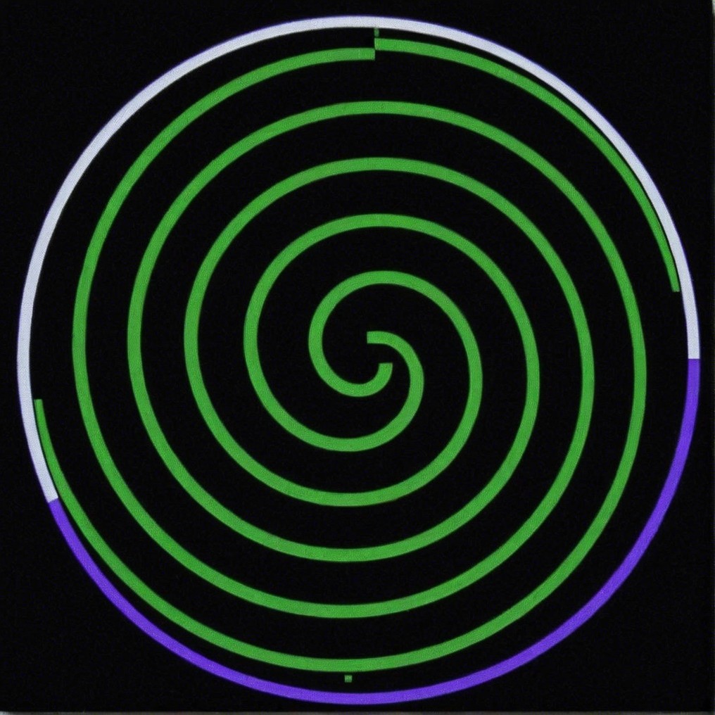Concentric Spiral Lines in Green, Purple, and White