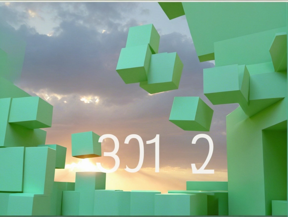 Surreal Landscape with Floating Green Cubes and Clouds