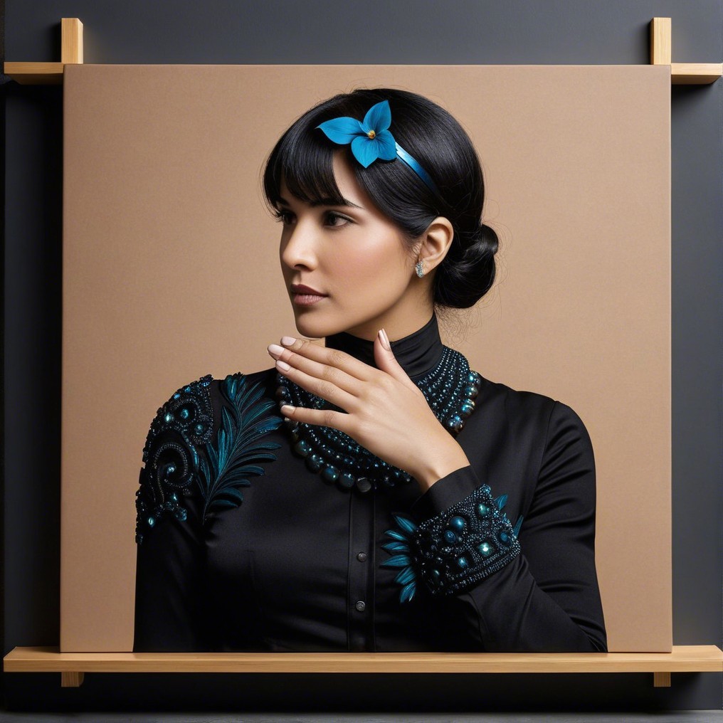 Elegant Woman in Black Blouse with Turquoise Embroidery