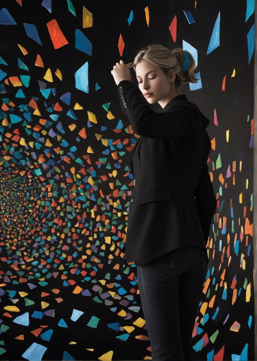 Woman in front of vibrant abstract mural with geometric shapes