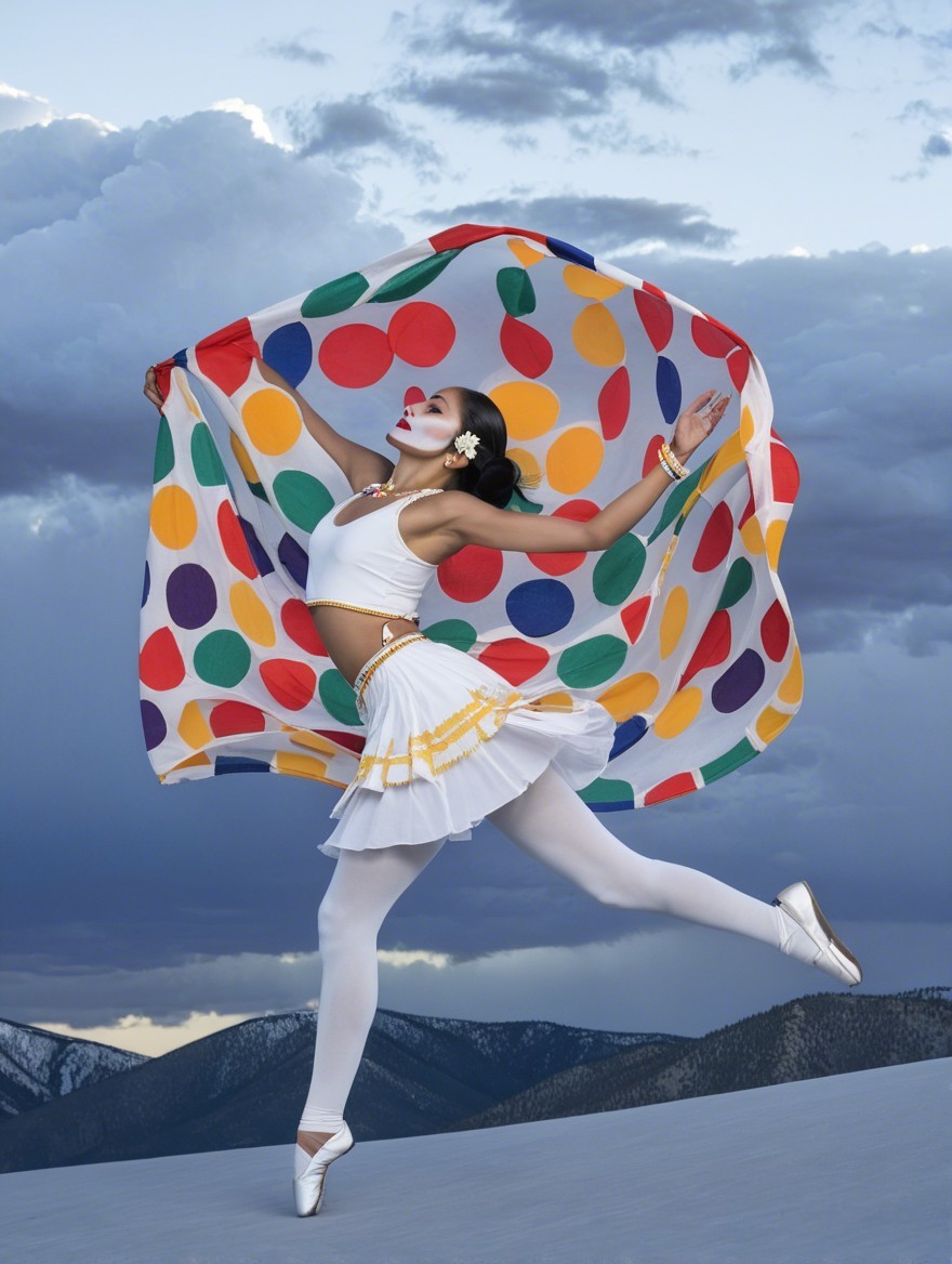 Dancer in White Outfit with Colorful Scarf and Scenic Backdrop