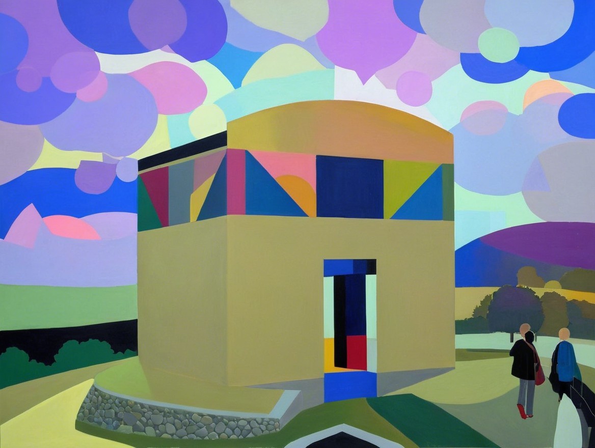 Vibrant Geometric Structure Against Pastel Sky