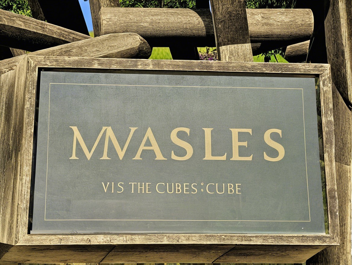 Wooden Sign with Stylized Text and Natural Elements