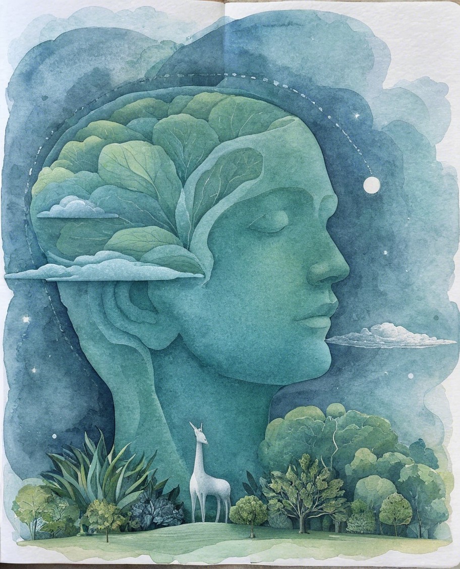 Stylized Profile of a Head with Nature Elements