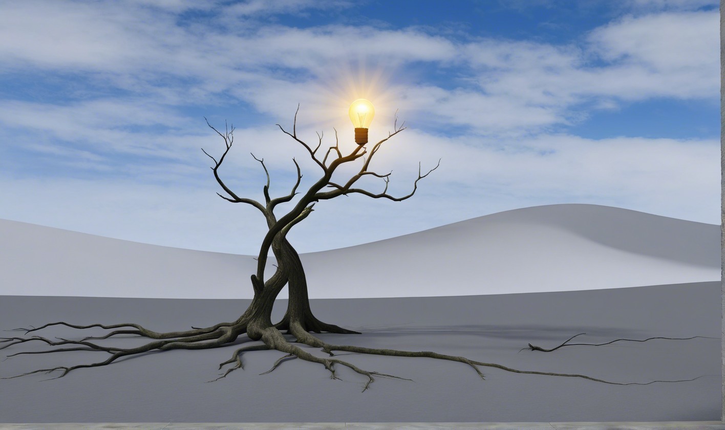 Illuminated Lightbulb in Dead Tree on Gray Plain
