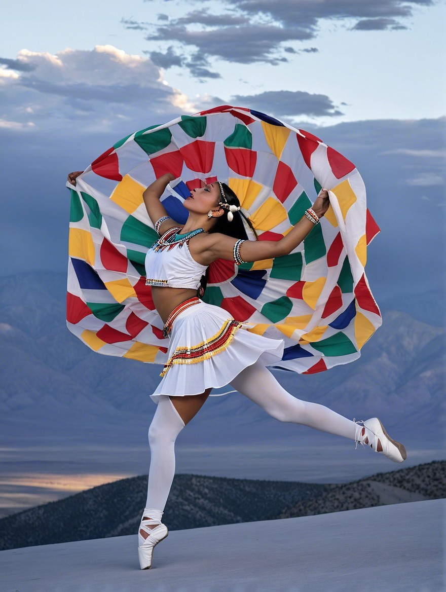 Dancer in Colorful Skirt Against Dramatic Sky