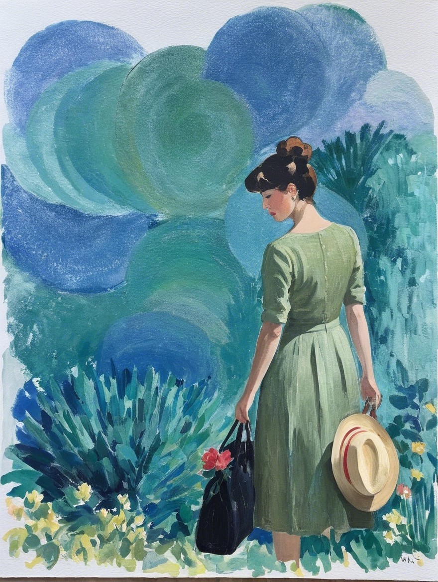 Woman in Green Dress Amidst Vibrant Foliage