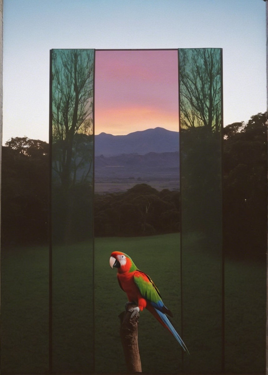 Vibrant Macaw with Scenic Dusk Landscape Background