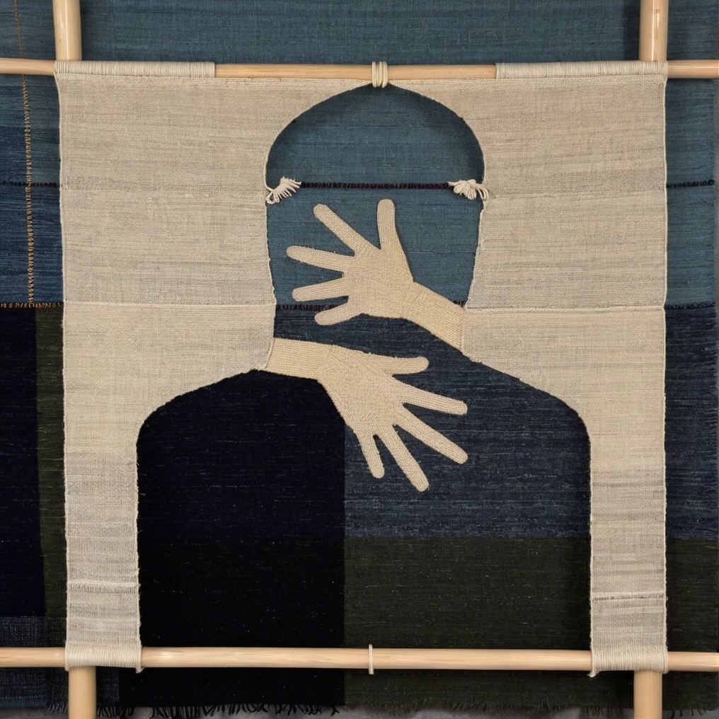 Textile Artwork with Stylized Figure in Neutral Tones