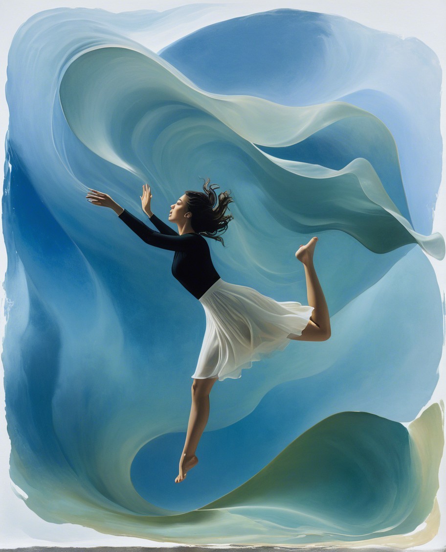 Dancer in Flowing Skirt Against Soft Blue and Green Background