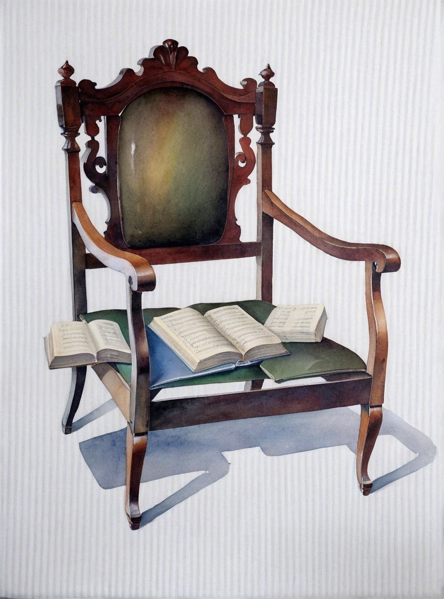 Intricately Designed Wooden Armchair with Vintage Books