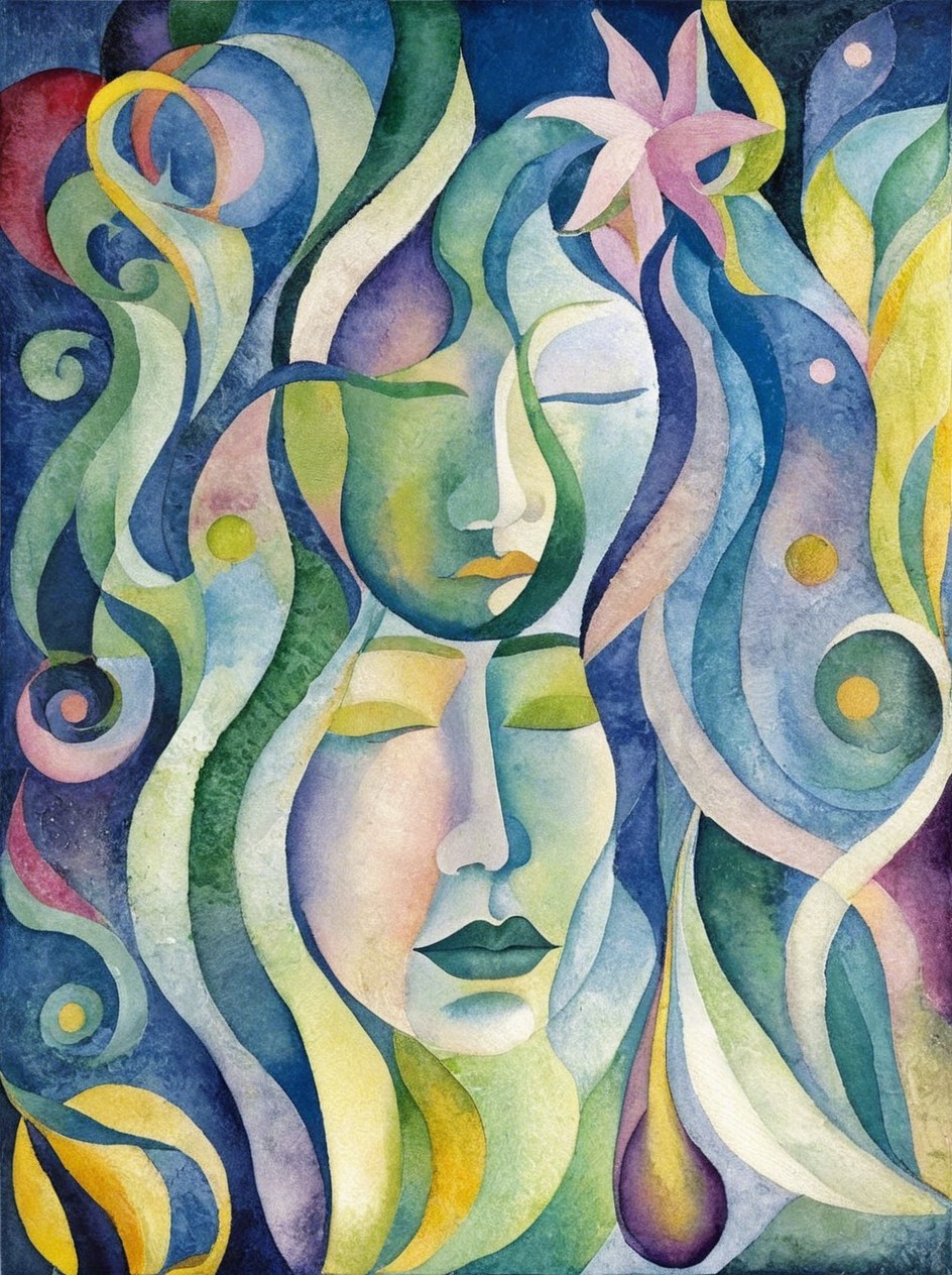 Cubist Watercolor Painting of Abstract Facial Profiles