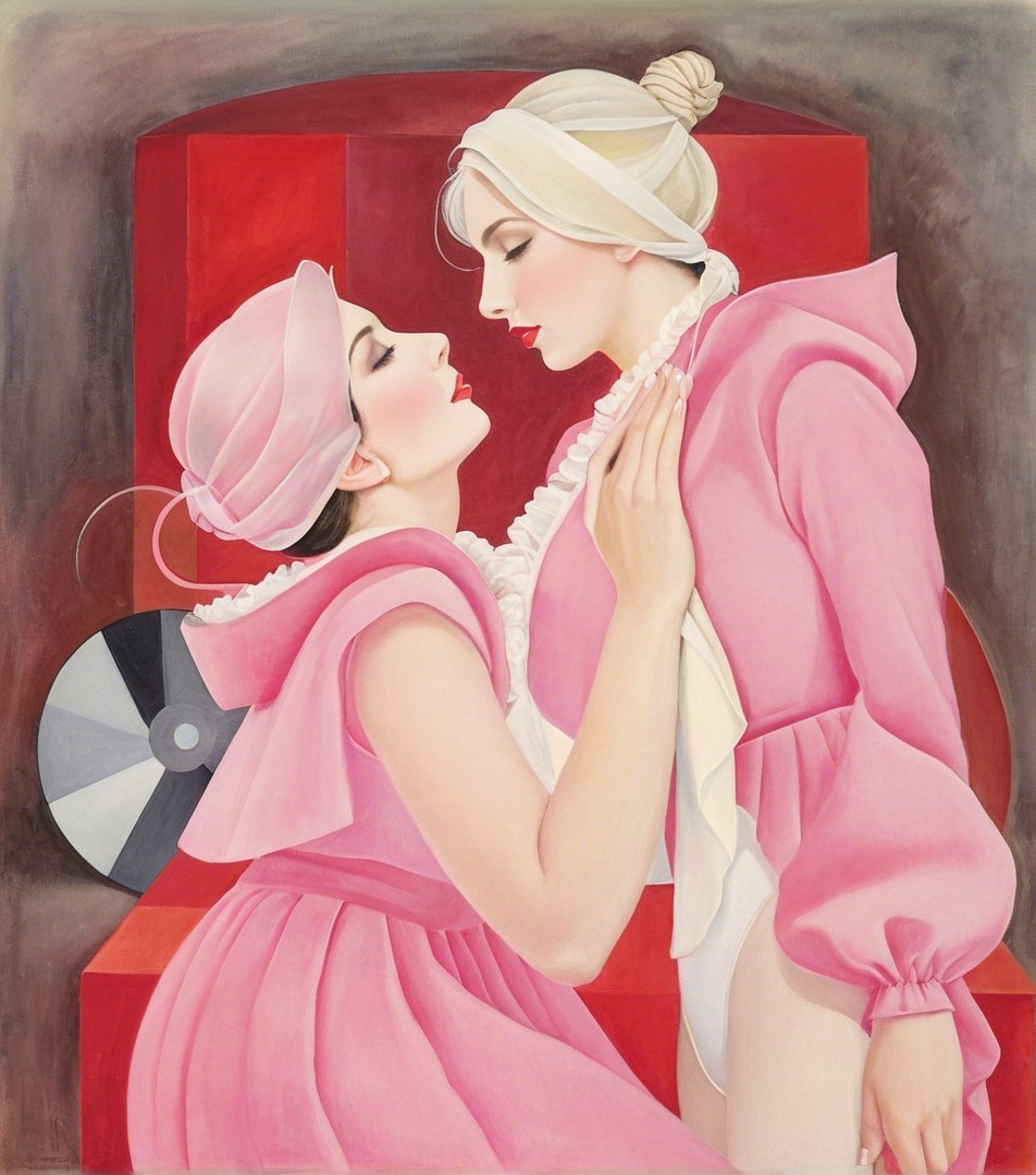 Elegant Women in Pink Outfits with Vintage Record Player