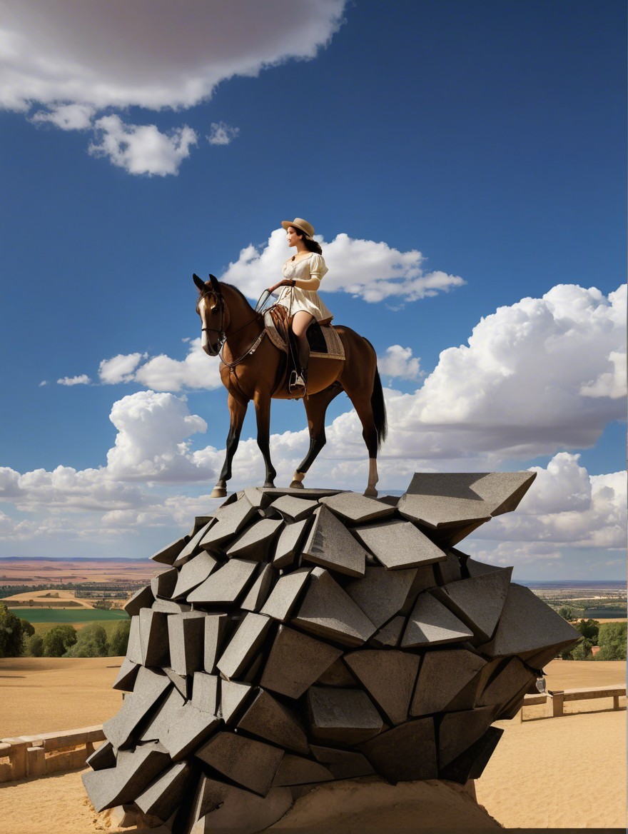 Woman on Horse atop Abstract Stone Sculpture in Field