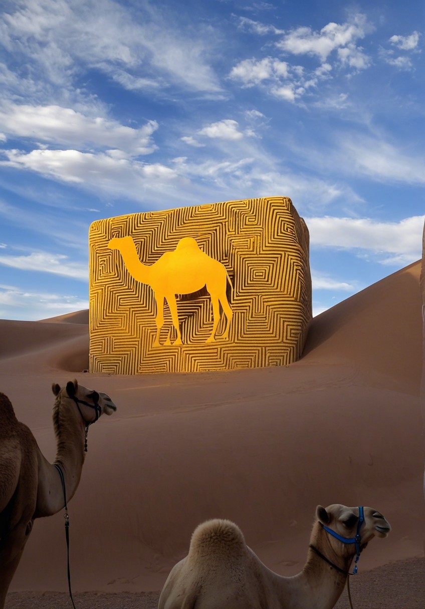 Desert Landscape with Camels and Geometric Sand Pattern
