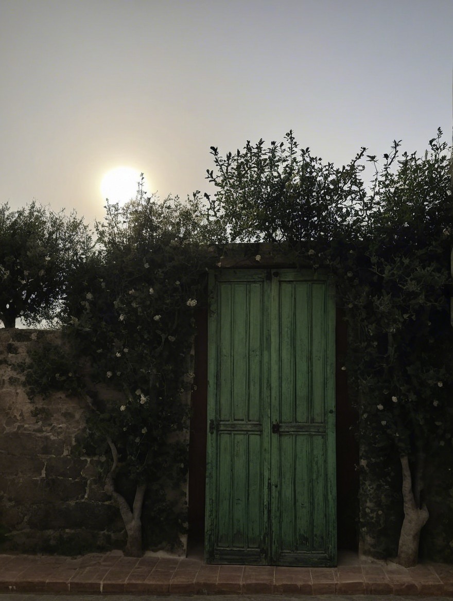 Rustic Green Door Against Textured Stone Wall