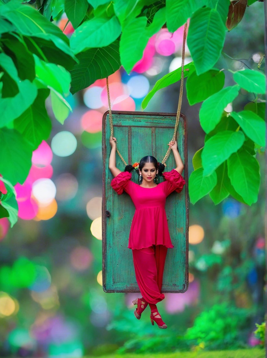 Woman in red outfit swinging from green door in foliage