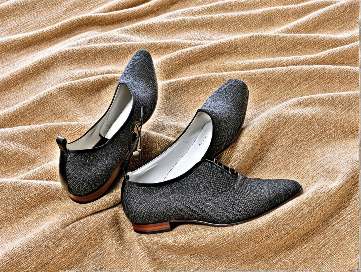 Black Dress Shoes on Textured Golden Fabric