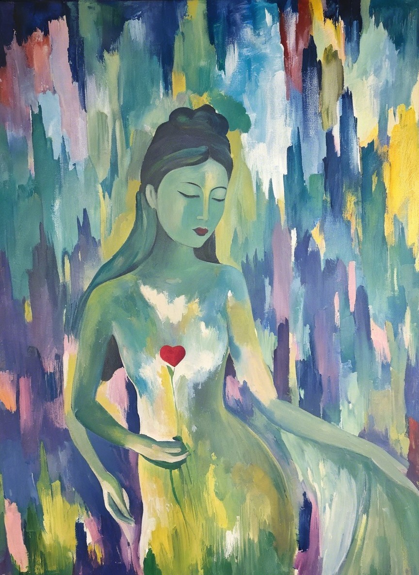 Abstract Figure with Heart-Shaped Flower in Colors