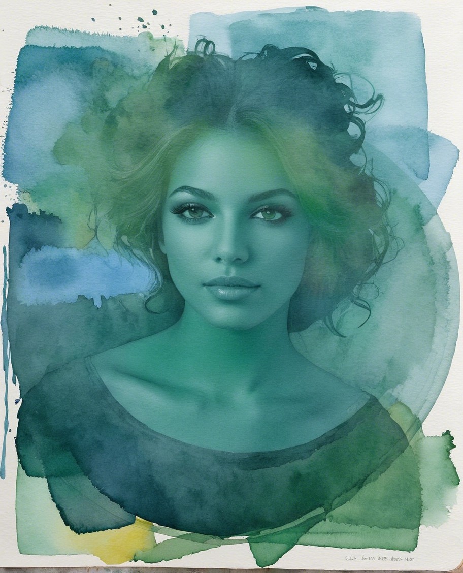 Surreal Watercolor Portrait of a Woman with Curly Hair