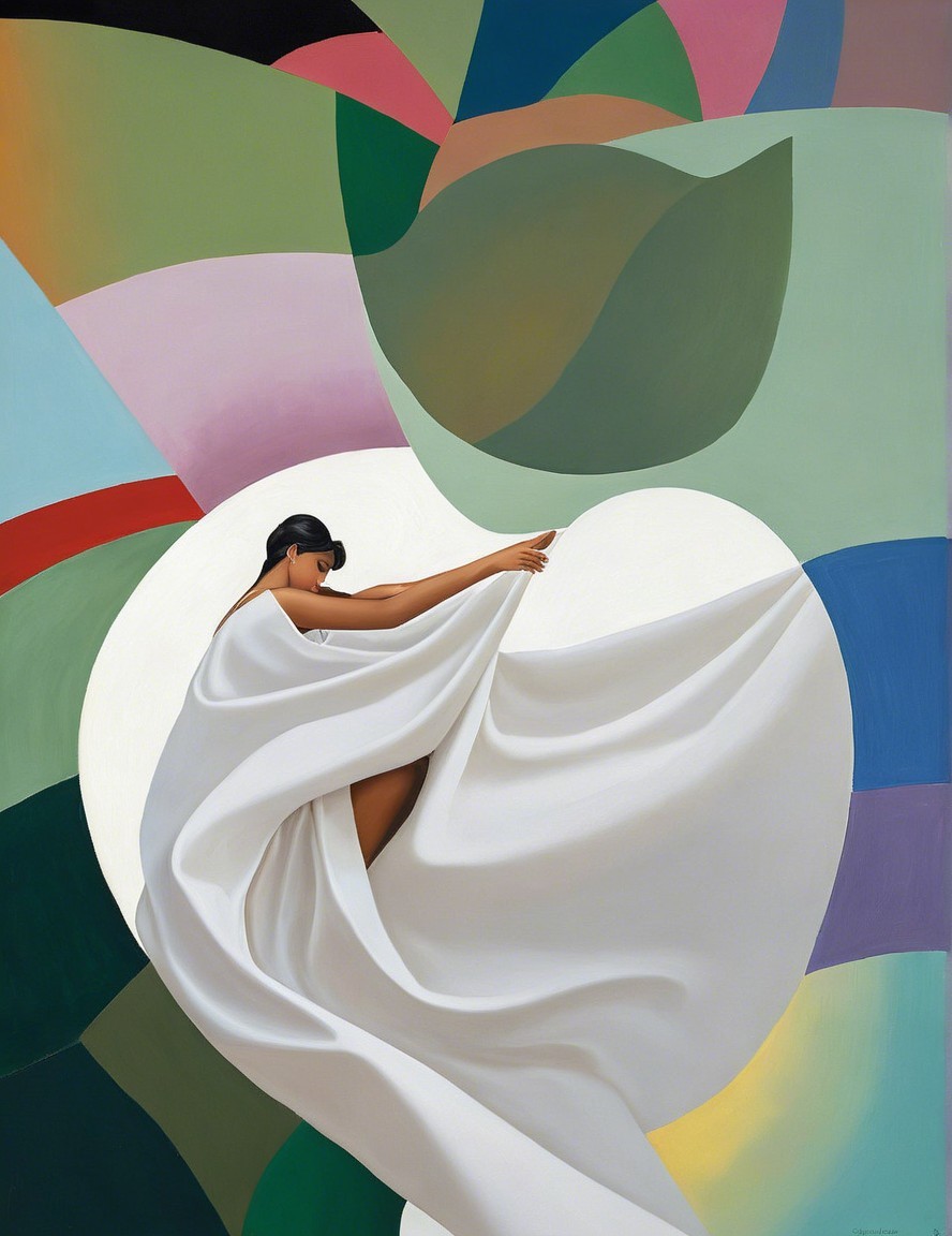 Elegant Figure in Flowing White Garment with Pastels