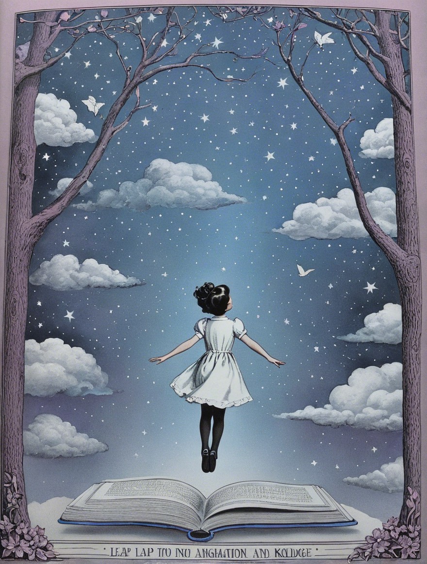 Young girl in white dress above book in starry sky