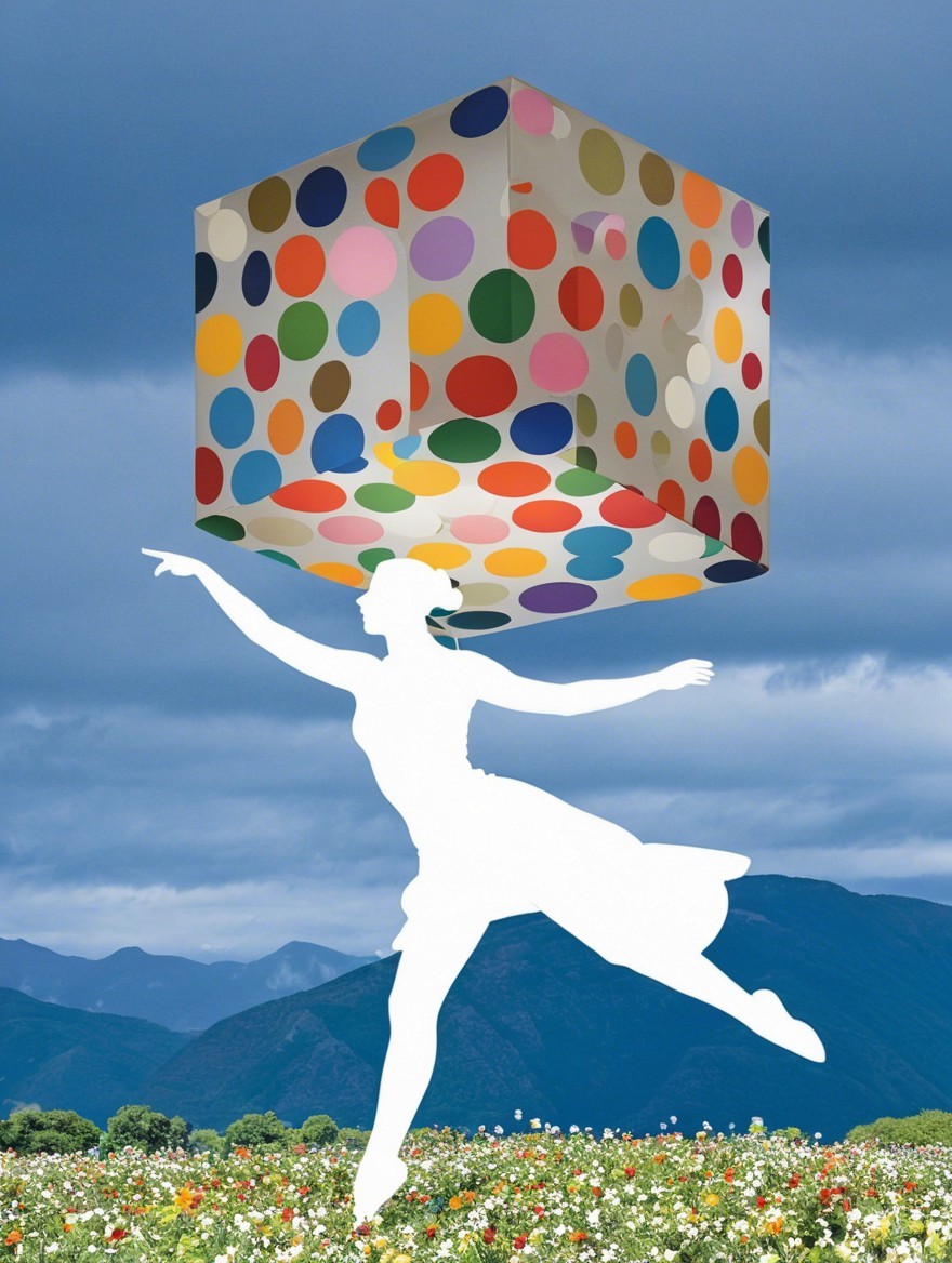 Silhouette of a dancer with a colorful cube in nature