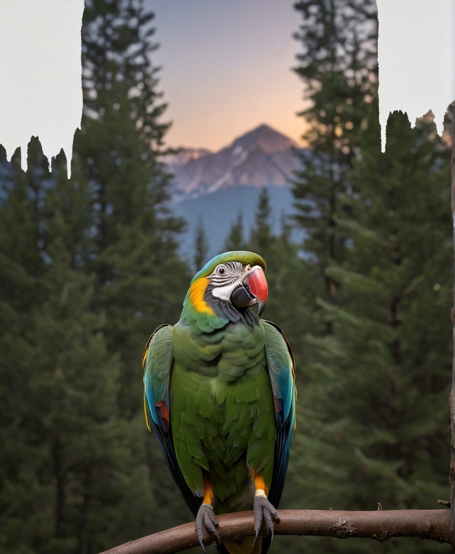 Vibrant Parrot Amidst Sunset and Mountain Landscape