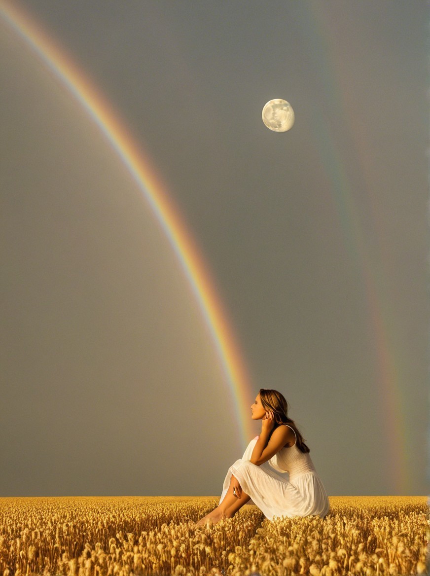 Woman in White Dress in Wheat Field with Rainbows