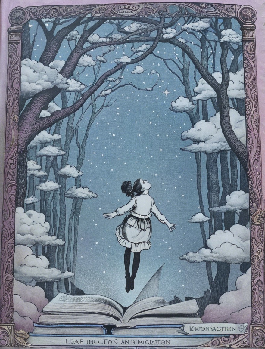 Whimsical Illustration of a Girl in a Starry Sky