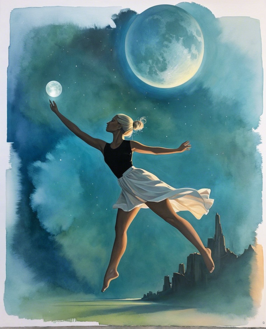Dancer Leaping Under Moonlit Night Sky