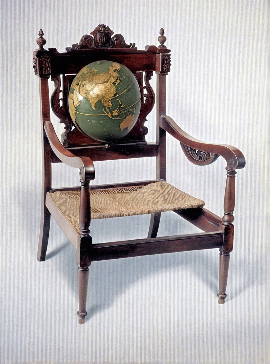 Vintage Wooden Chair with Globe Backrest and Carvings