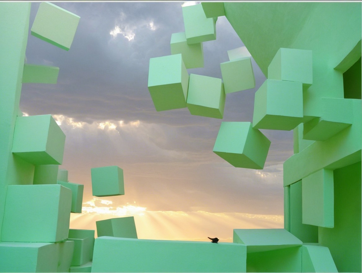 Surreal Scene of Floating Green Cubes in Cloudy Sky