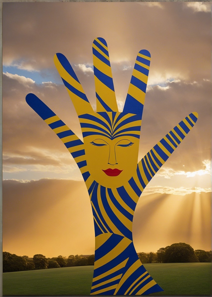 Vibrant Hand Sculpture with Sunset Background