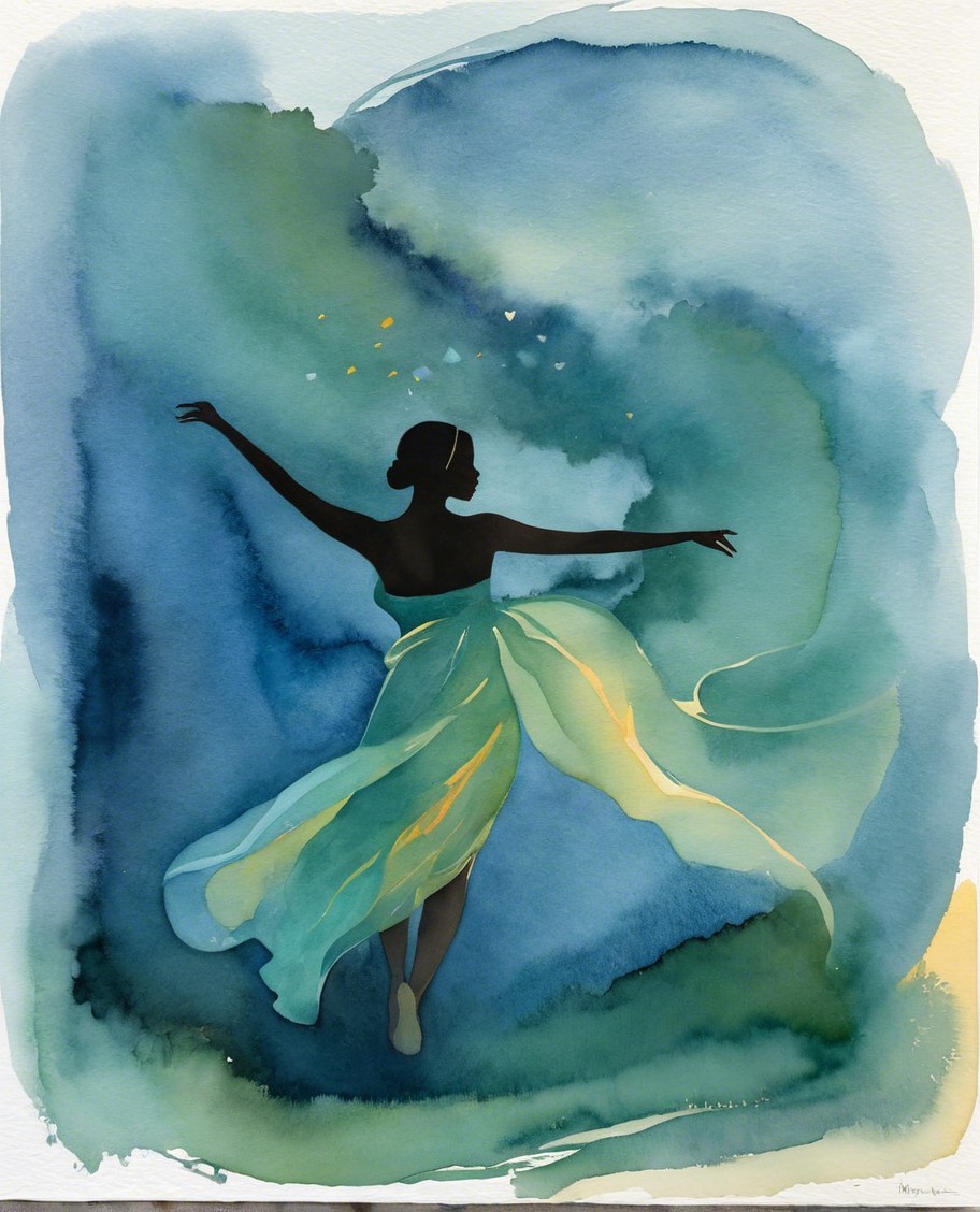 Silhouette of a dancer with blue and green backdrop
