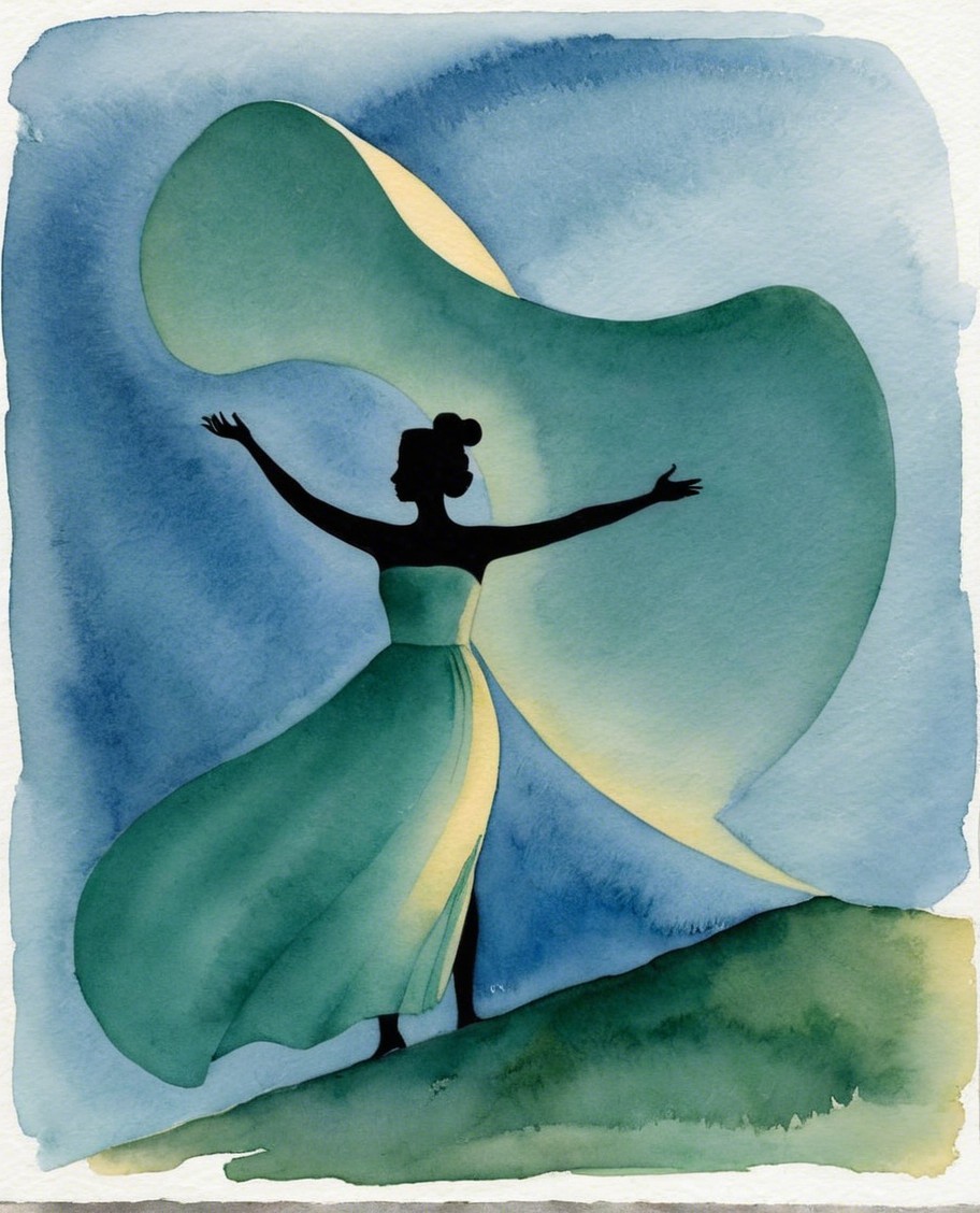Silhouetted Figure in Flowing Green Dress Against Soft Hues