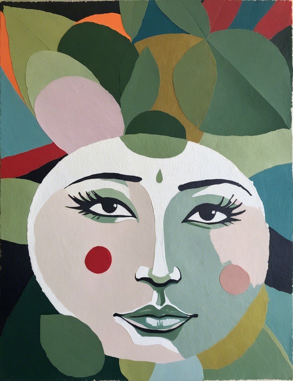 Mixed-media collage of a stylized female face